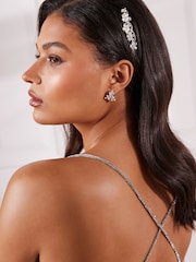 Silver Tone Bridal Sparkle Flower Barrette Hair Clip - Image 2 of 5