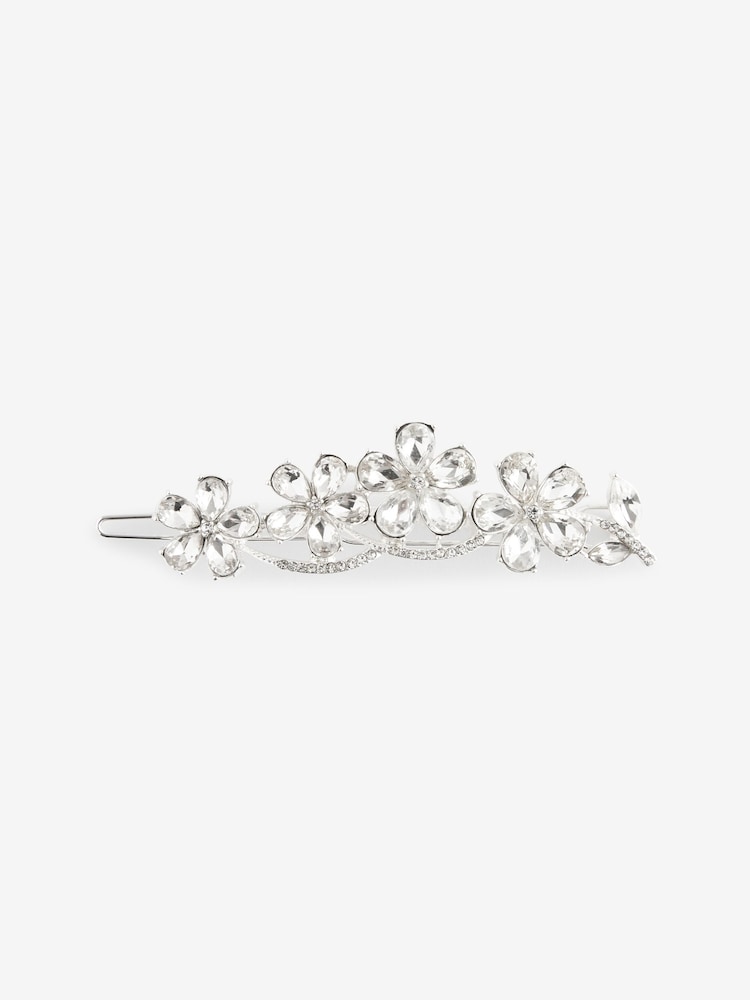 Silver Tone Bridal Sparkle Flower Barrette Hair Clip - Image 3 of 5