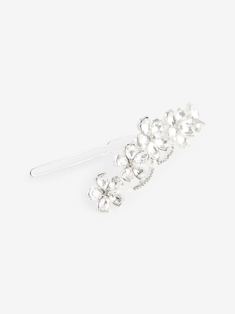 Silver Tone Bridal Sparkle Flower Barrette Hair Clip - Image 4 of 5