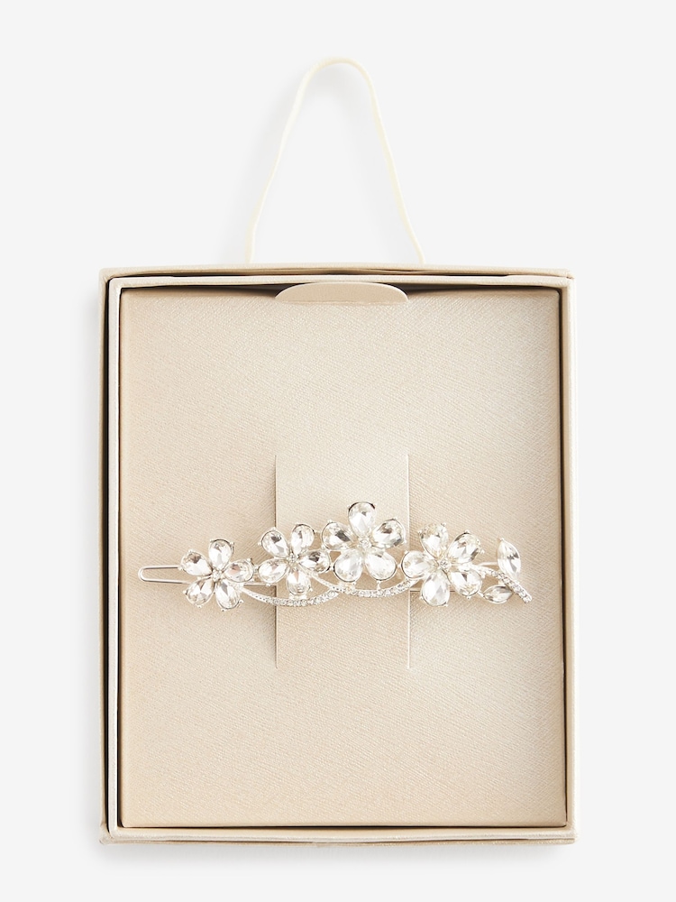 Silver Tone Bridal Sparkle Flower Barrette Hair Clip - Image 5 of 5