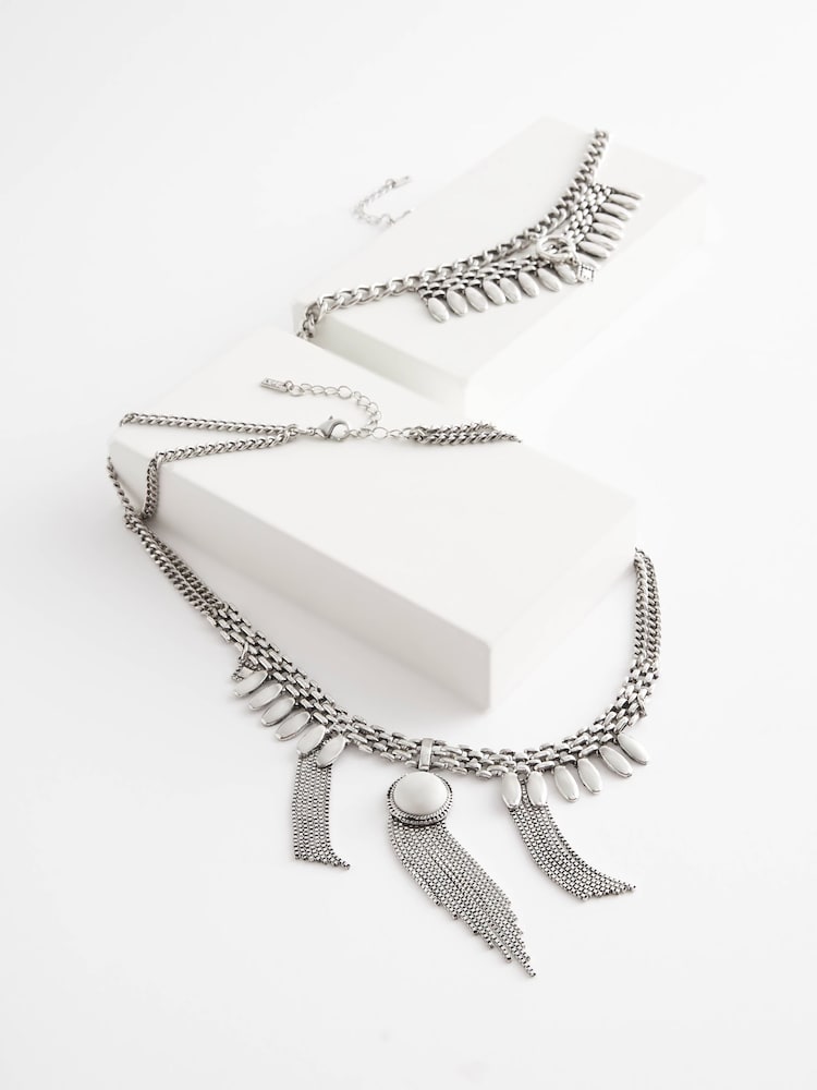 Burnished Silver Statement Layered Boho Necklace - Image 2 of 3