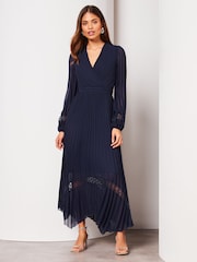 Lipsy Navy Blue Long Sleeve Pleated Lace V Neck Midi Dress - Image 1 of 4