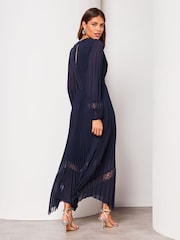 Lipsy Navy Blue Long Sleeve Pleated Lace V Neck Midi Dress - Image 2 of 4