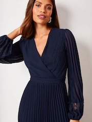 Lipsy Navy Blue Long Sleeve Pleated Lace V Neck Midi Dress - Image 4 of 4