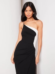 Lipsy Black/White One Shoulder Chain Strap Split Detail Maxi Dress - Image 3 of 4