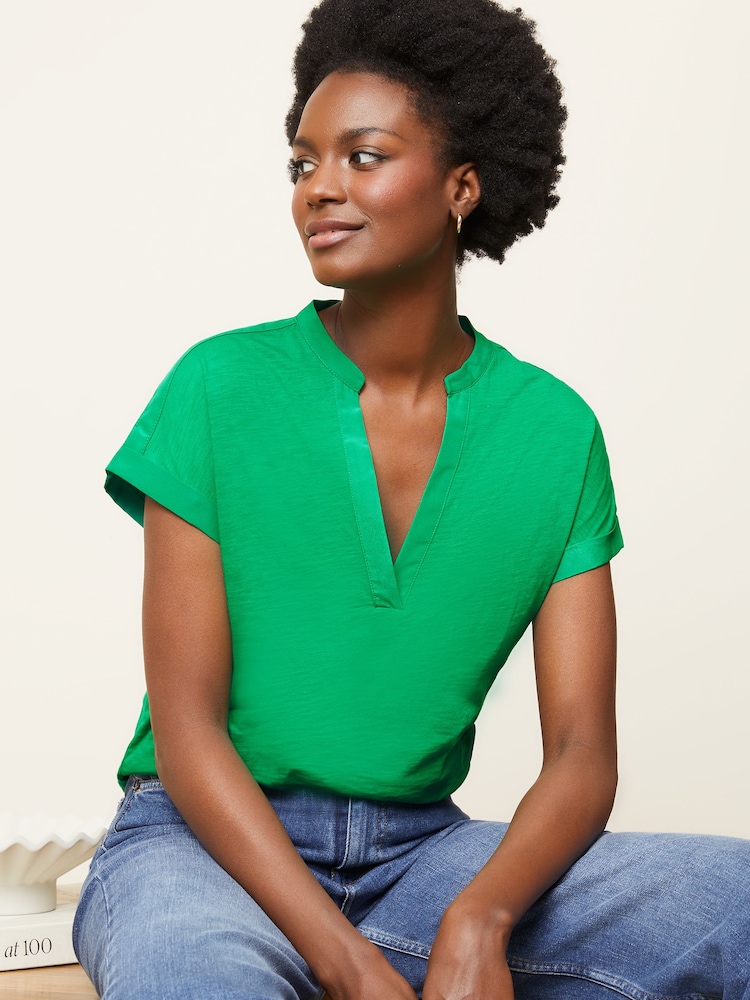 Love & Roses Bright Green Petite Jersey V Neck Woven Trim Short Sleeve T-Shirt - Image 1 of 4