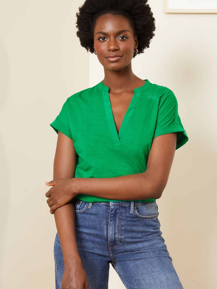 Love & Roses Bright Green Petite Jersey V Neck Woven Trim Short Sleeve T-Shirt - Image 2 of 4