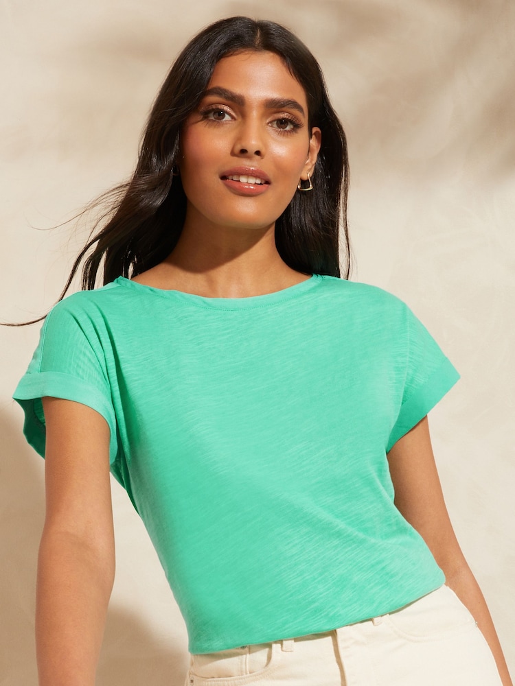 Love & Roses Green Petite Crew Neck Woven Trim Linen Look Jersey T-Shirt - Image 1 of 4