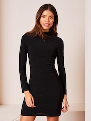 Lipsy Black Long Sleeve Draped Jersey Mini Dress - Image 1 of 4