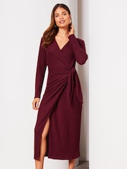 Lipsy Berry Red Long Sleeve Cosy Tie Side Wrap Midi Jumper Dress - Image 1 of 4