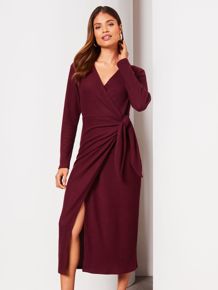 Lipsy Berry Red Long Sleeve Cosy Tie Side Wrap Midi Jumper Dress - Image 1 of 4
