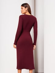 Lipsy Berry Red Long Sleeve Cosy Tie Side Wrap Midi Jumper Dress - Image 2 of 4