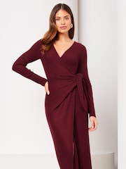 Lipsy Berry Red Long Sleeve Cosy Tie Side Wrap Midi Jumper Dress - Image 3 of 4
