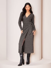 Lipsy Grey Long Sleeve Cosy Tie Side Wrap Midi Jumper Dress - Image 1 of 4