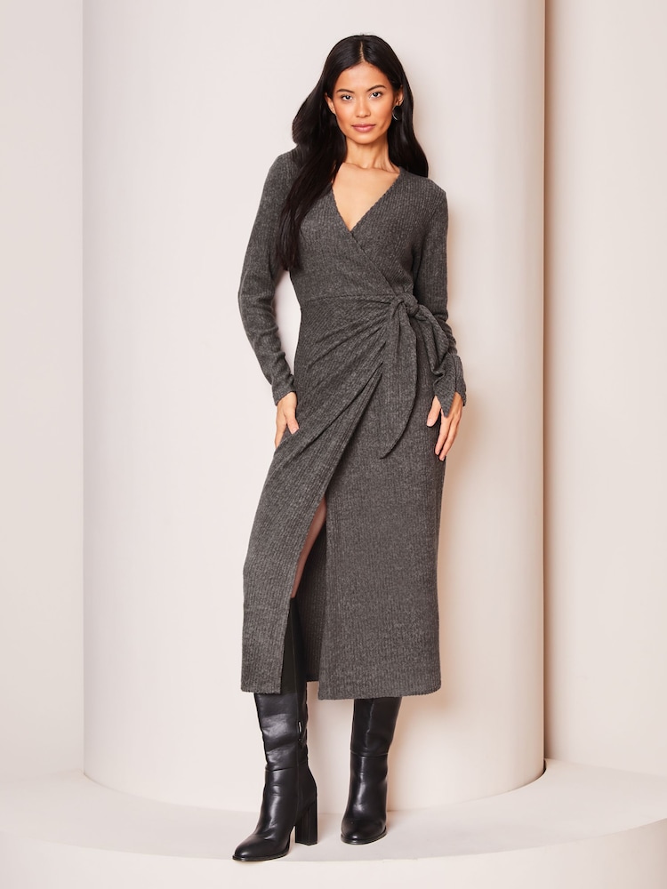 Lipsy Grey Long Sleeve Cosy Tie Side Wrap Midi Jumper Dress - Image 1 of 4
