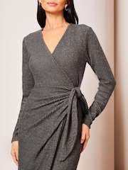Lipsy Grey Long Sleeve Cosy Tie Side Wrap Midi Jumper Dress - Image 4 of 4