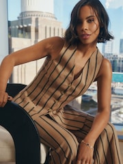 Brown Ramie Blend Longline Stripe Waistcoat - Image 1 of 7