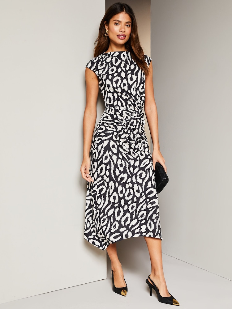 Lipsy Black/White Sleeveless Printed Ruched Midi Dress - Image 1 of 4