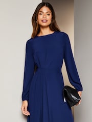 Lipsy Navy Blue Petite Long Sleeve Asymmetric Pleated Midi Dress - Image 4 of 4