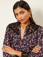 Love & Roses Black Ditsy Lace Yoke Ruffle Neck Button Through Blouse - Image 2 of 4