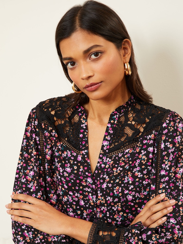 Love & Roses Black Ditsy Lace Yoke Ruffle Neck Button Through Blouse - Image 2 of 4
