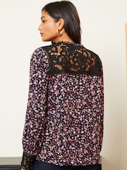 Love & Roses Black Ditsy Lace Yoke Ruffle Neck Button Through Blouse - Image 3 of 4
