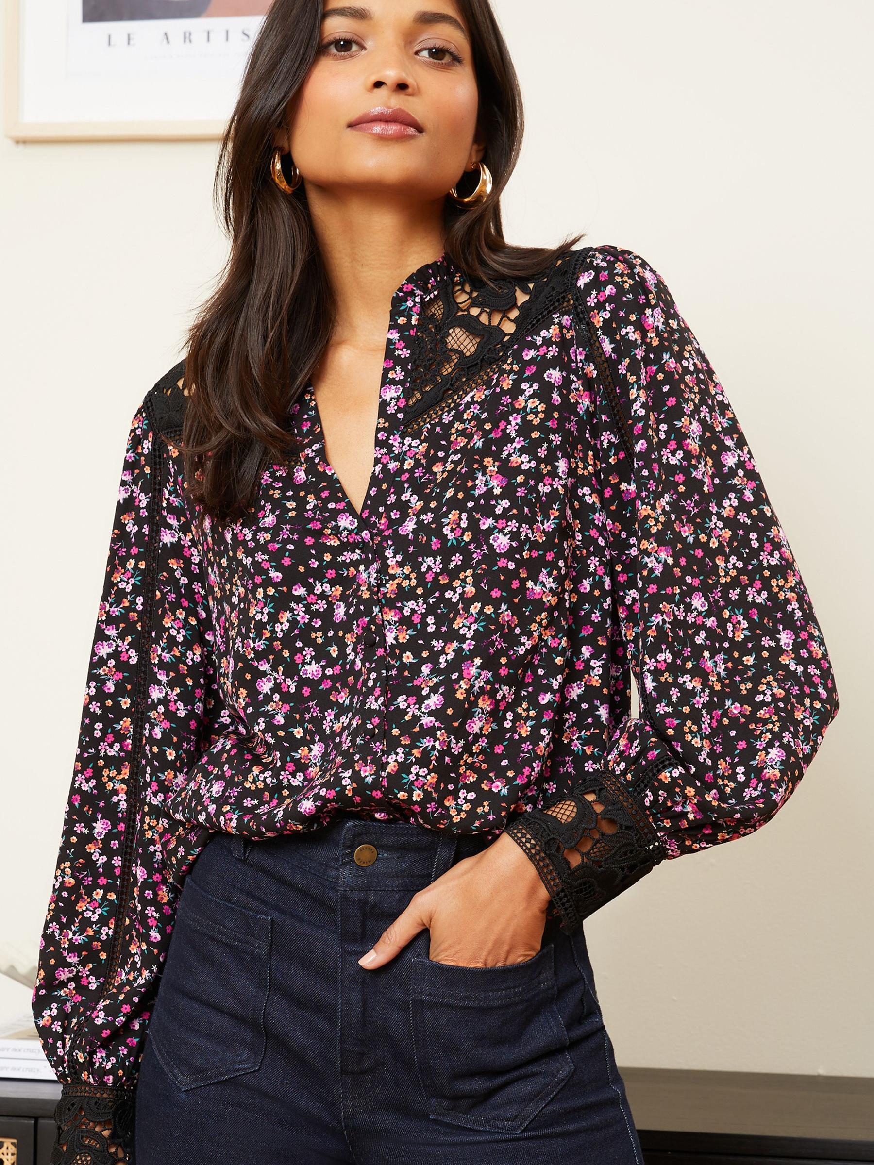 Buy Love & Roses Black Ditsy Lace Yoke Ruffle Neck Button