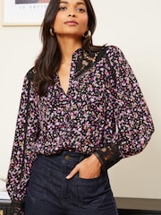 Love & Roses Black Ditsy Lace Yoke Ruffle Neck Button Through Blouse - Image 4 of 4