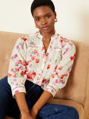 Love & Roses Ivory White Floral Petite Dobby Spot Lace Trim 3/4 Sleeve Button Through Blouse - Image 1 of 4