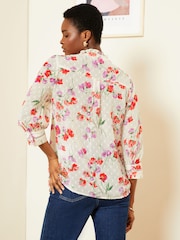 Love & Roses Ivory White Floral Petite Dobby Spot Lace Trim 3/4 Sleeve Button Through Blouse - Image 3 of 4