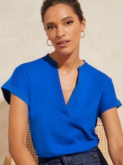 Love & Roses Blue Petite Jersey V Neck Woven Trim Short Sleeve T-Shirt - Image 1 of 4