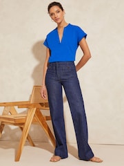 Love & Roses Blue Petite Jersey V Neck Woven Trim Short Sleeve T-Shirt - Image 4 of 4