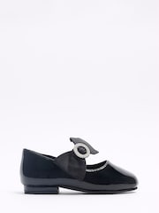 River Island Black Girls Patent Satin Bow Diamonte Shoes - Image 1 of 5