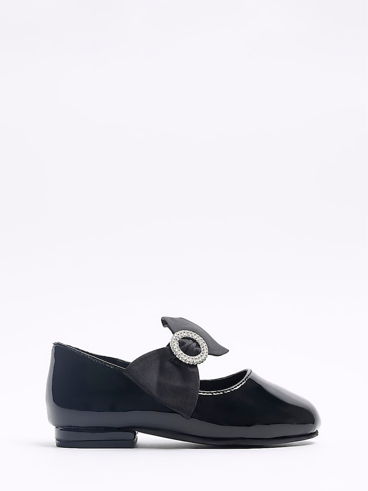 River Island Black Girls Patent Satin Bow Diamonte Shoes - Image 1 of 5