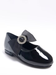 River Island Black Girls Patent Satin Bow Diamonte Shoes - Image 4 of 5