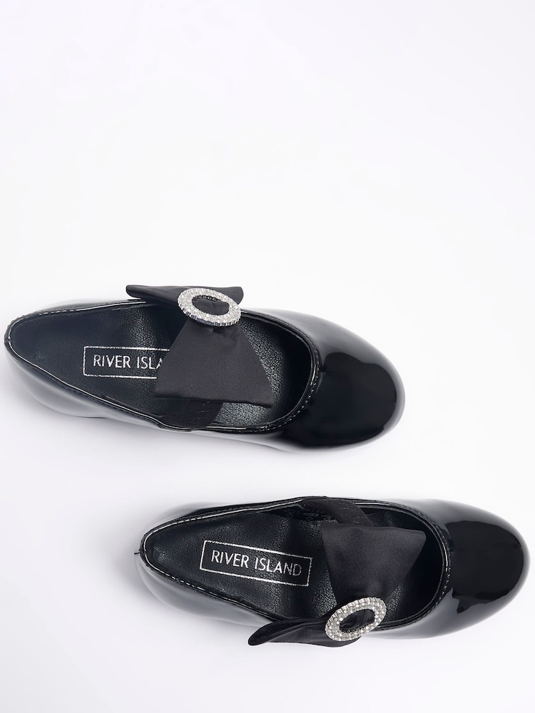 River Island Black Girls Patent Satin Bow Diamonte Shoes - Image 5 of 5