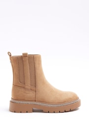 River Island Brown Girls Suedette Diamonte Boots - Image 1 of 4