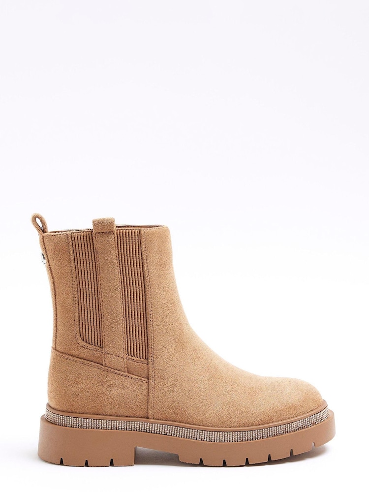 River Island Brown Girls Suedette Diamonte Boots - Image 1 of 4 River Island Brown Girls Suedette Diamonte Boots - Image 1 of 4