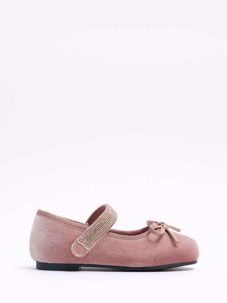 River Island Pink Girls Velvet Diamonte Strap Pumps - Image 1 of 4