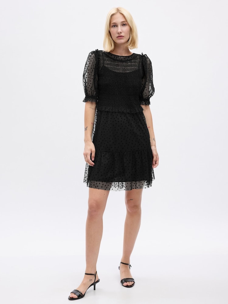 Gap Black Puff Sleeve Mesh Mini Dress - Image 1 of 2