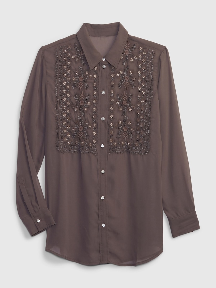 Gap Brown Beaded Sheer Boyfriend Shirt - Image 4 of 4 Gap Brown Beaded Sheer Boyfriend Shirt - Image 4 of 4