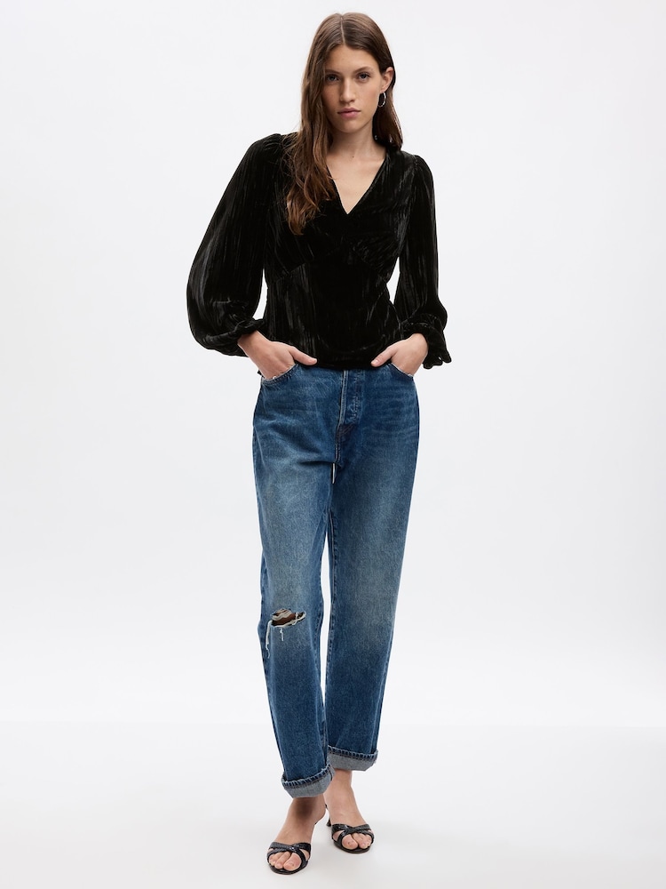 Gap Black Velvet Balloon Sleeve V-Neck Top - Image 1 of 1