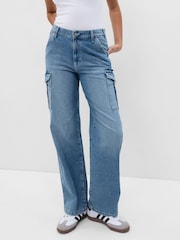 Gap Light Indigo Blue Mid Rise 90s Loose Cargo Jeans - Image 5 of 7