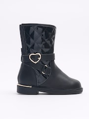 River Island Black Girls Heart Buckle Knee High Boots - Image 1 of 5