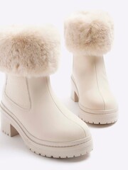 River Island Cream Girls Faux Fur Cuff Heel Boots - Image 2 of 4