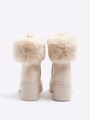 River Island Cream Girls Faux Fur Cuff Heel Boots - Image 3 of 4