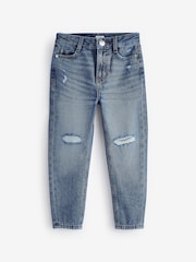 River Island Blue Mom Girls Diamante Fishnet Knee Jeans - Image 1 of 4