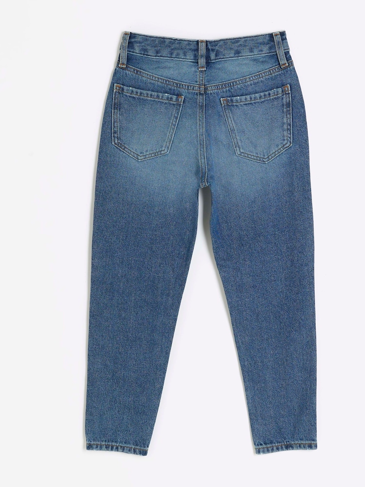 River Island Blue Mom Girls Diamante Fishnet Knee Jeans - Image 2 of 4