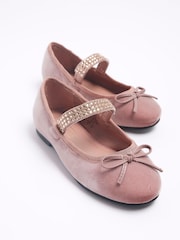 River Island Pink Chrome Girls Velvet Diamonte Strap Pumps - Image 3 of 4