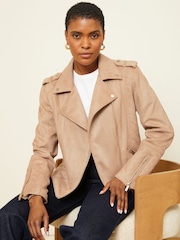 Love & Roses Brown Petite Suedette Quilted Biker Jacket - Image 1 of 4